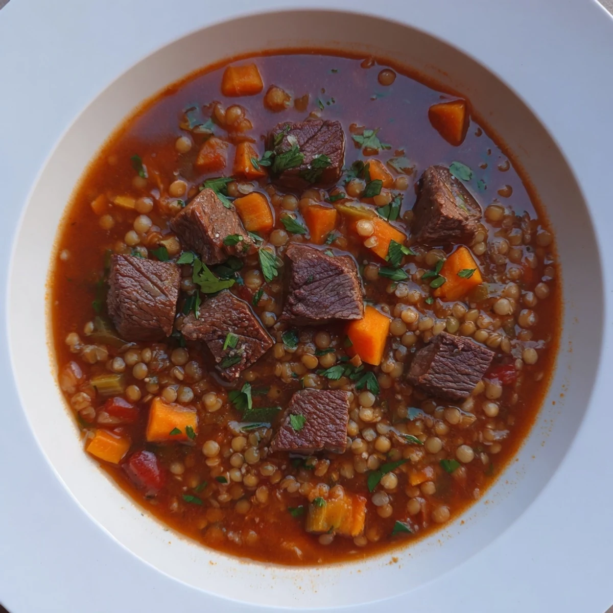Steaming bowl of One-Pot Spicy Beef and Lentil Soup; rich broth with visible beef and lentils.