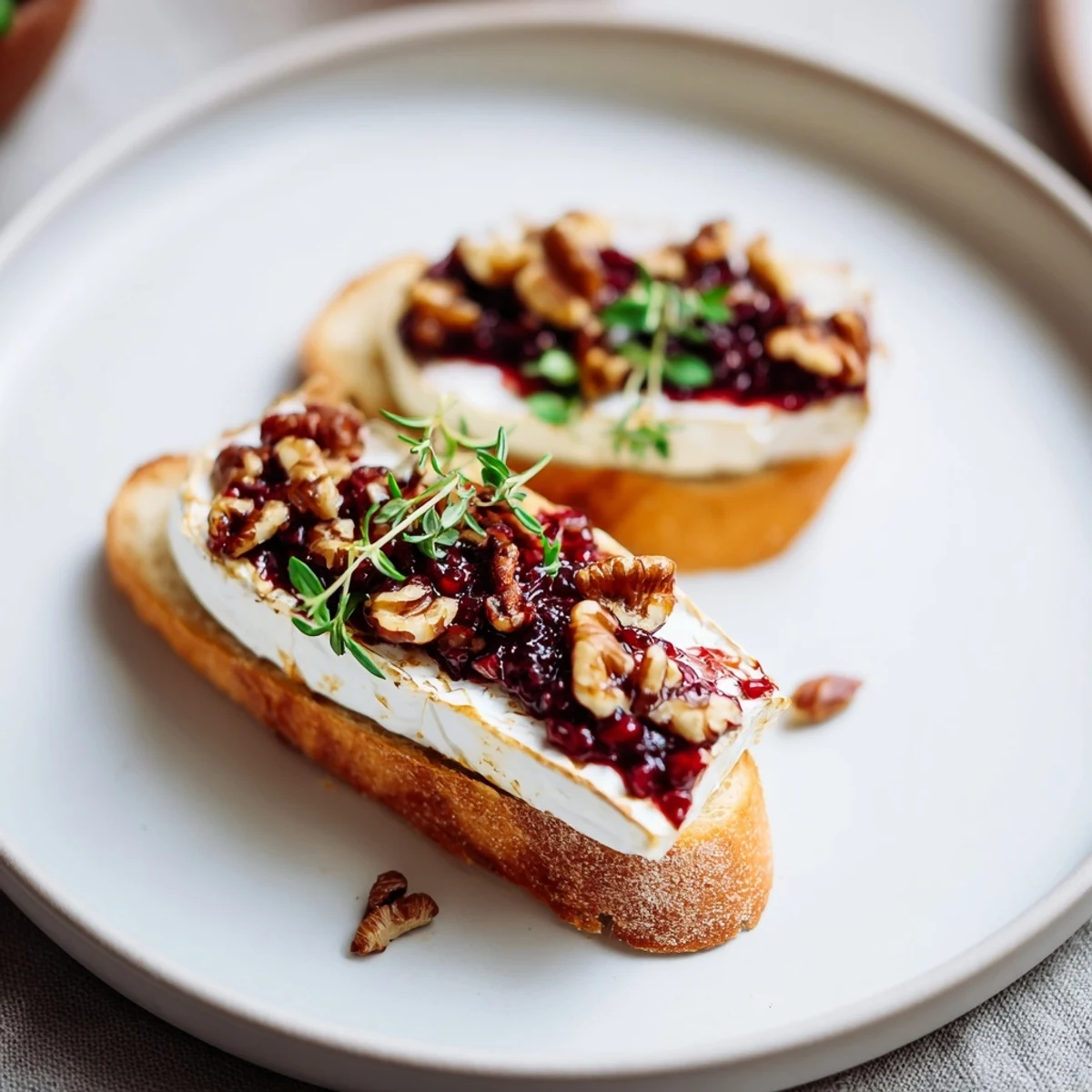 Toasted baguette slices topped with melted Brie and vibrant cranberry sauce for Festive Holiday Cranberry and Brie Crostini.
