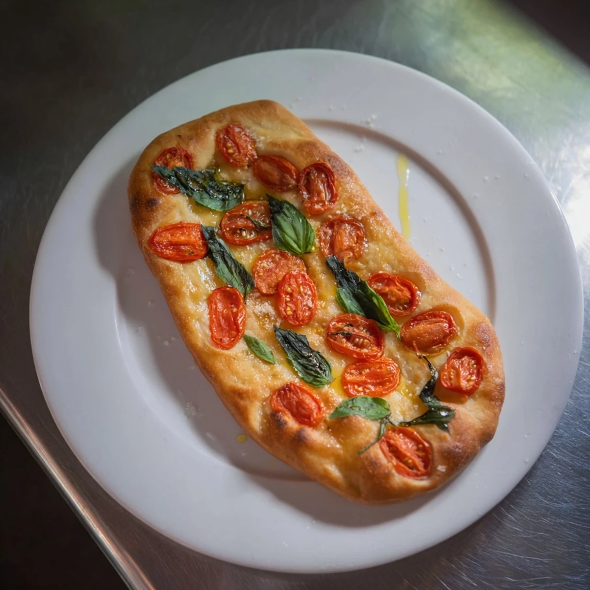Golden-crusted Simple Homemade Tomato and Basil Flatbread, topped with vibrant tomatoes and fresh basil.