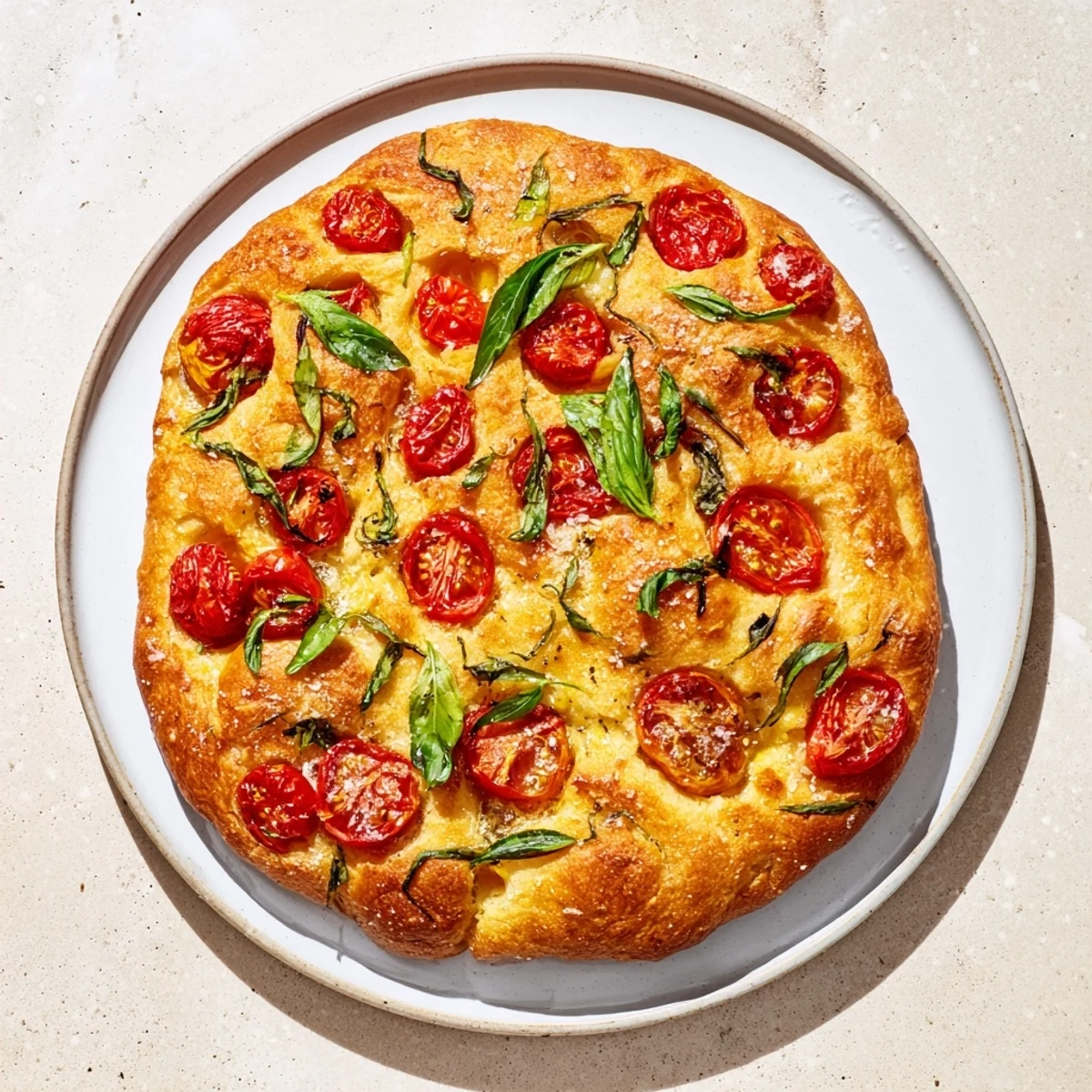 A close-up of a Simple Homemade Tomato and Basil Flatbread, showing crispy crust and fresh toppings.