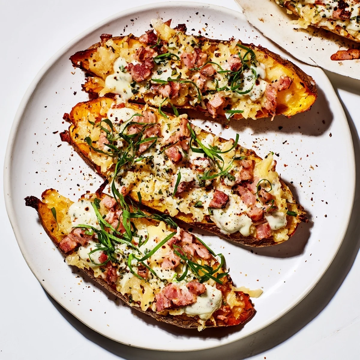 Crispy Air-Fryer Potato Skins overflowing with melted cheddar cheese and smoky bacon crumbles, ready to be enjoyed.