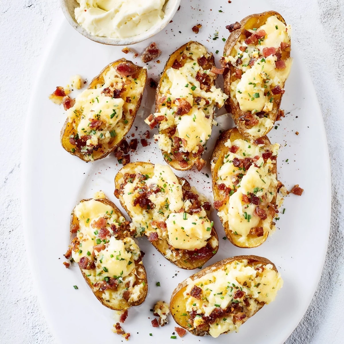 Indulge in a plate of flavorful, golden brown Air-Fryer Potato Skins, a delicious appetizer perfect for sharing.