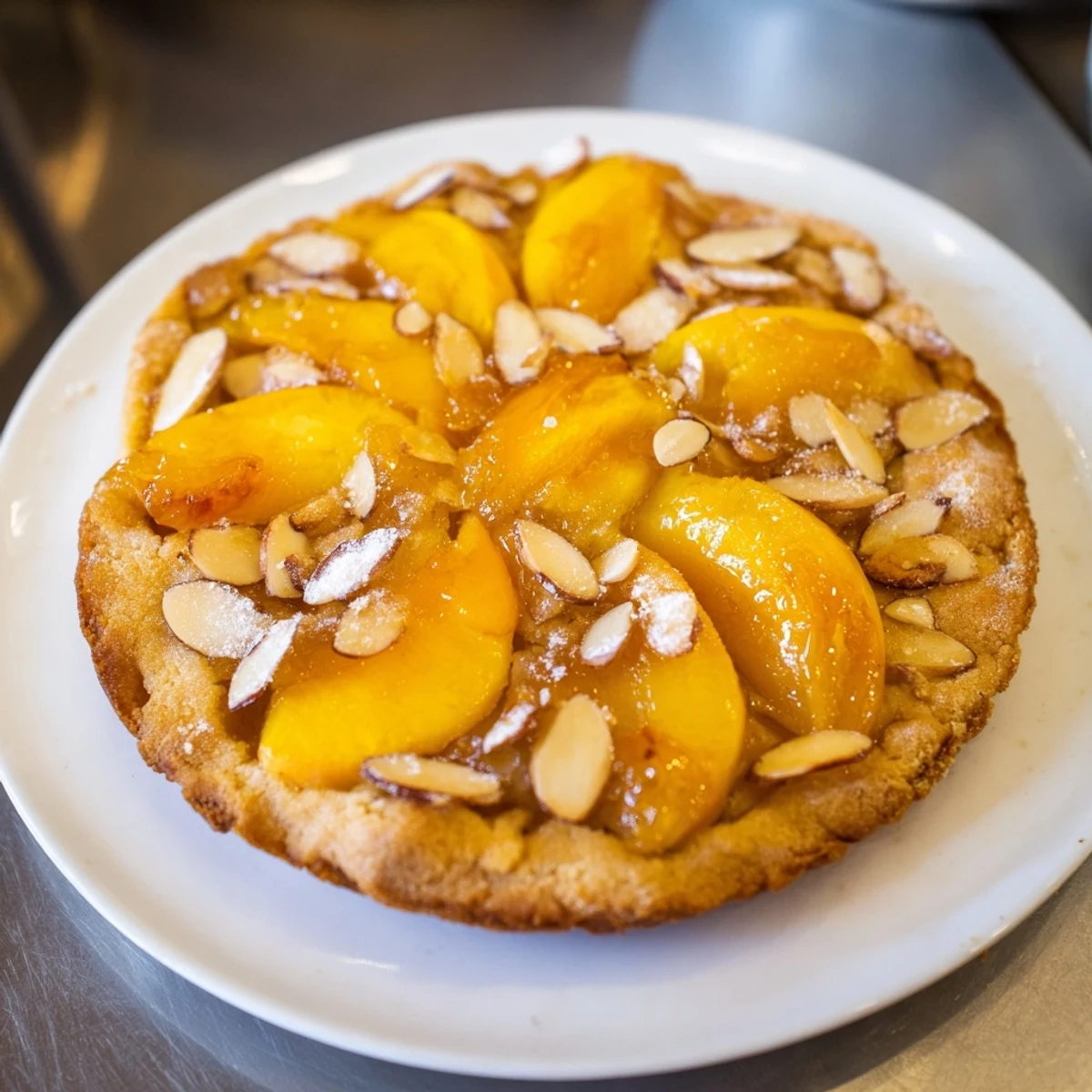 Golden-crusted Rustic Peach and Almond Tart with glistening, caramelized peaches, baked until bubbly.