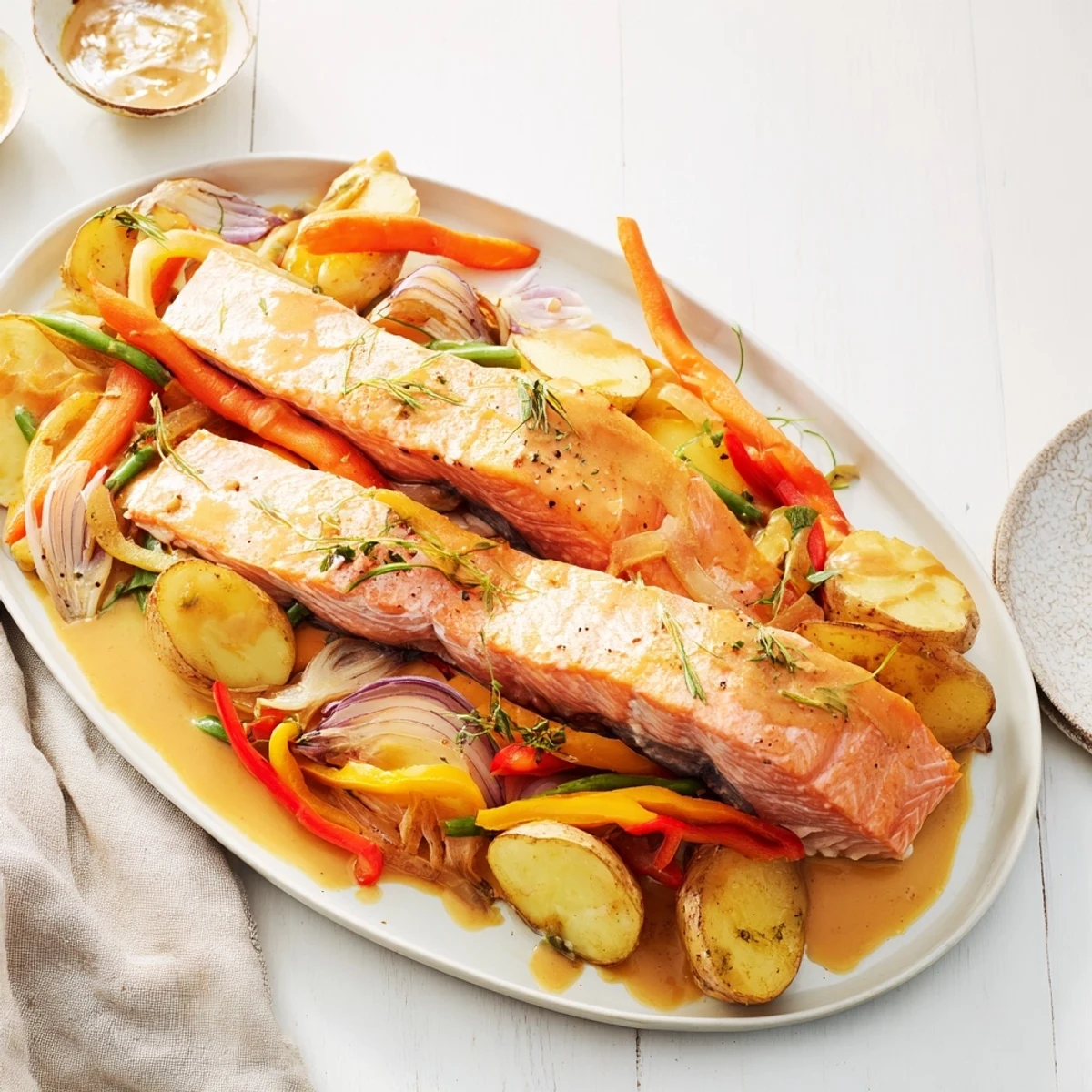 One-Tray Baked Salmon with Honey Mustard Sauce, a delicious and easy weeknight dinner ready in minutes.