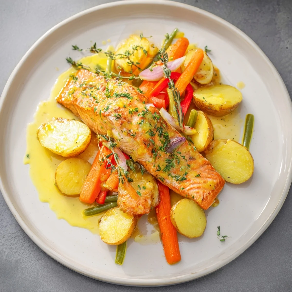 A photo shows the flavorful One-Tray Baked Salmon with a delightful honey mustard sauce, perfect.