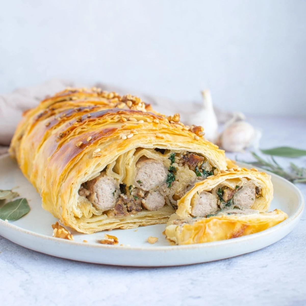 Freshly baked, bite-sized Homemade Savory Sausage Rolls, smelling of herbs and flaky pastry.