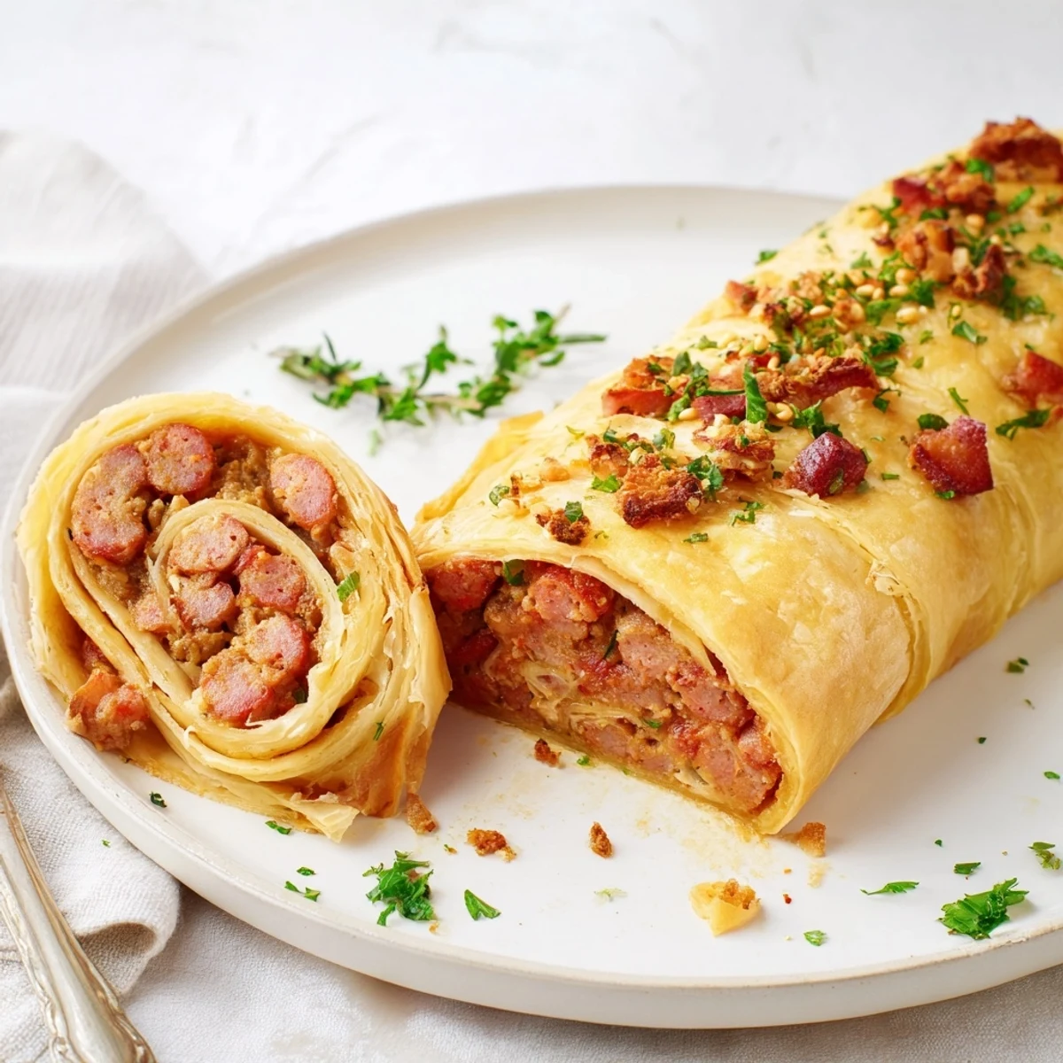 Close-up of crispy, warm Homemade Savory Sausage Rolls, ready to serve with mustard or chutney.