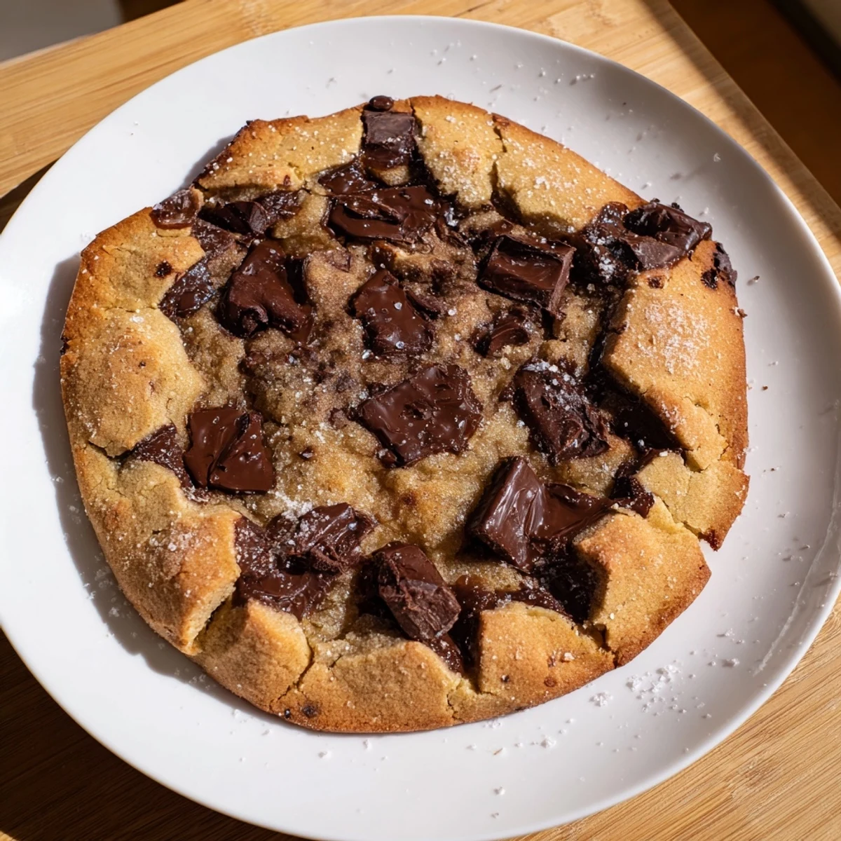 Golden-brown Warm Chocolate Chunk Skillet Cookie with melted chocolate, ready to be served warm.