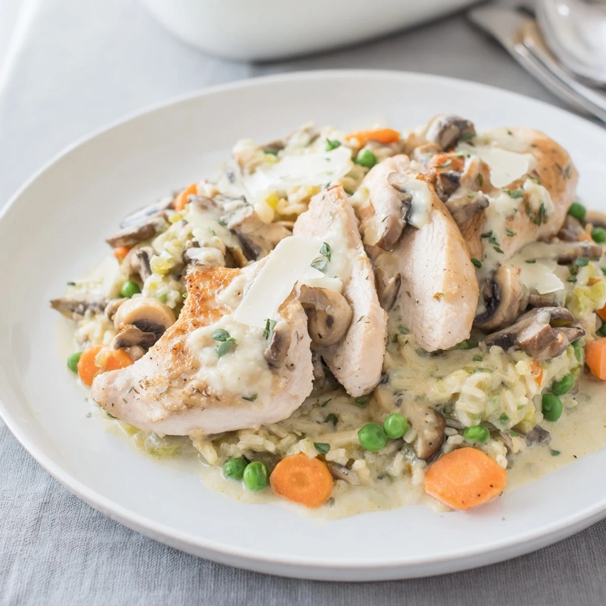 A steaming bowl of comforting All-in-One Pan Creamy Chicken and Wild Rice, ready to serve with Parmesan cheese.