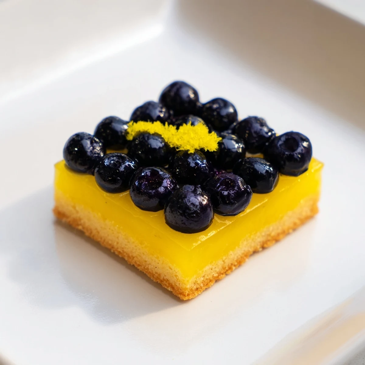 Golden-baked Decadent Lemon Curd and Blueberry Squares, showcasing a vibrant layer of juicy blueberries.