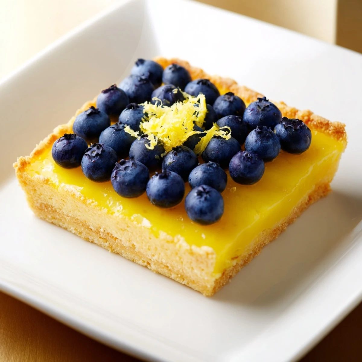 Buttery shortbread crust supporting a luscious lemon curd, topped with fresh blueberries: the perfect squares.