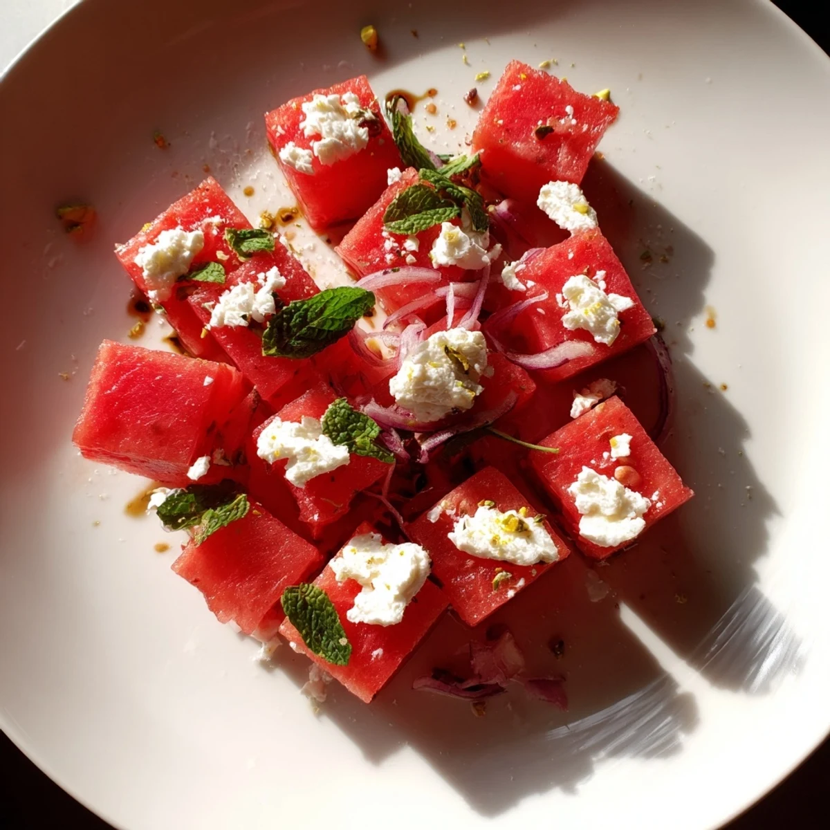 Fresh watermelon and feta salad drizzled with balsamic glaze, perfect for a refreshing summer meal.
