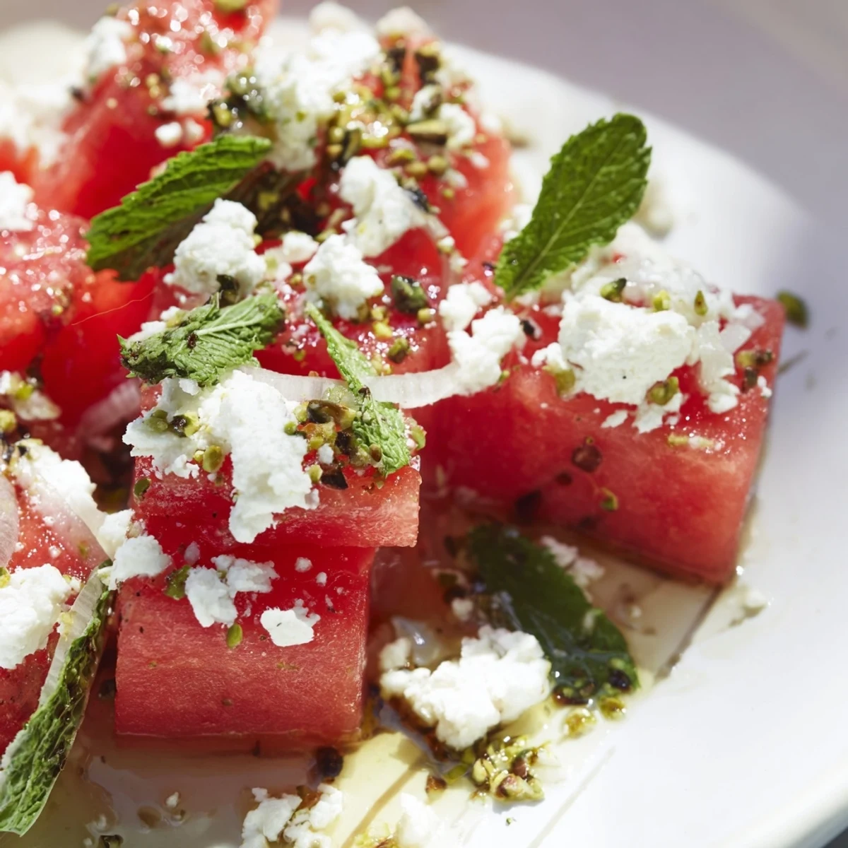 Close-up of a flavorful Fresh Watermelon and Feta Salad, garnished with mint and a balsamic drizzle.