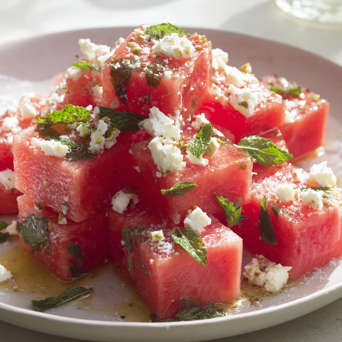Bright summer photo shows fresh watermelon and feta salad, ready to enjoy with a tangy balsamic glaze.