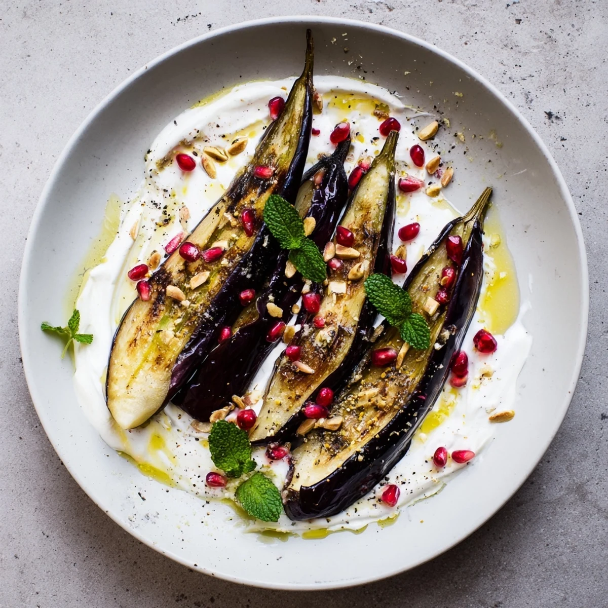 This photo shows beautifully roasted eggplant with yogurt sauce, a visually appealing vegetarian dish.
