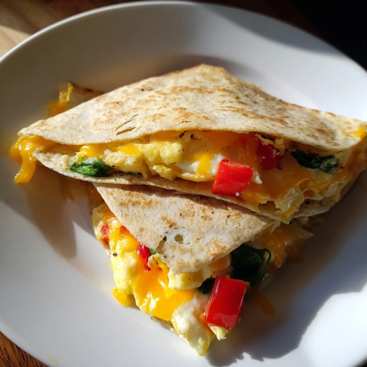 Golden-brown Breakfast Quesadilla Hack with melted cheese, eggs, and crispy tortilla edges, ready to eat.