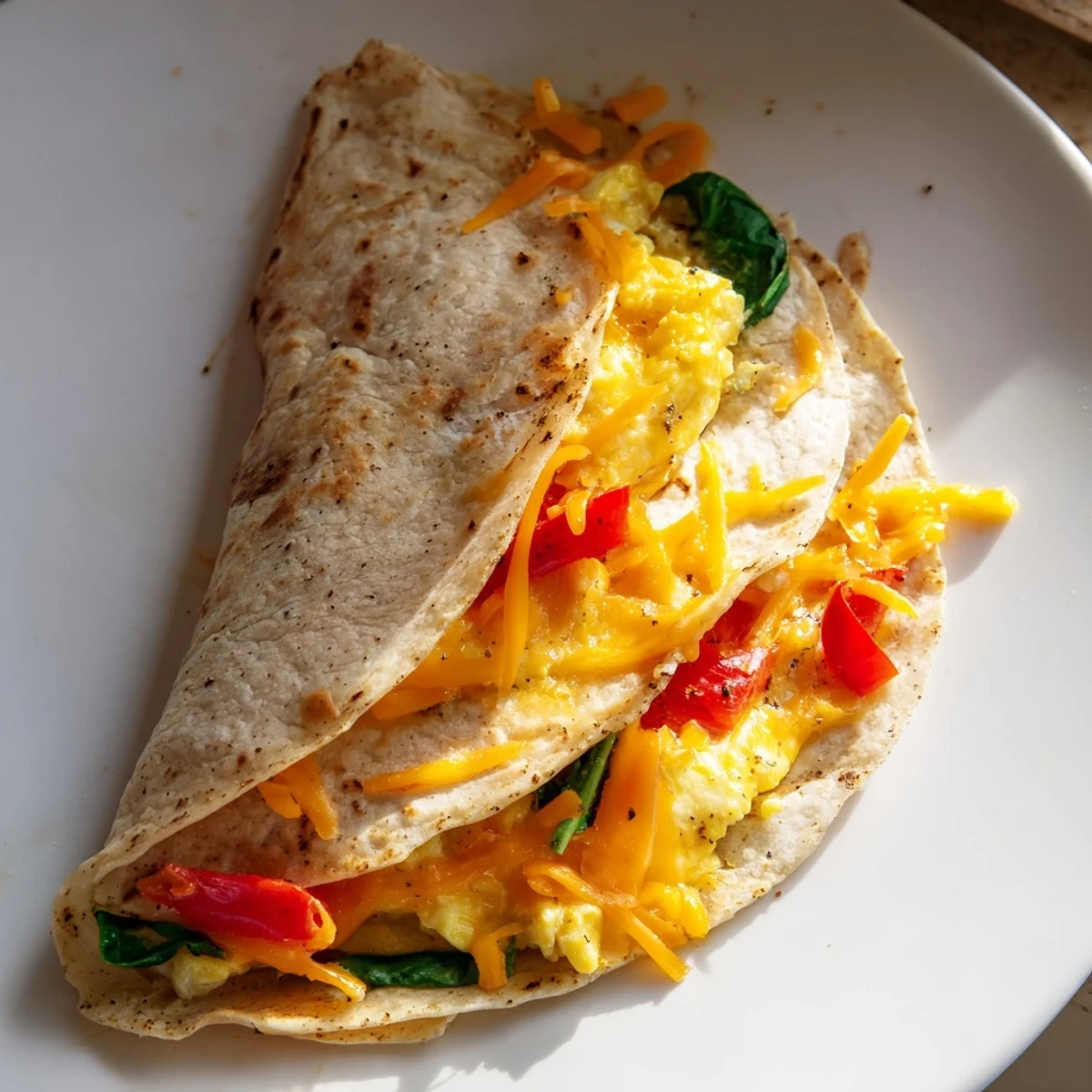 Folded tortilla Breakfast Quesadilla Hack oozing with cheese, served with fresh vegetables; a quick morning meal.