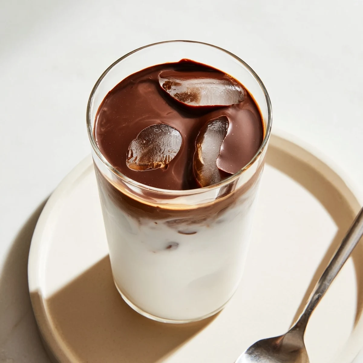 Rich dark chocolate crackles over a chilled Chocolate Cracking Iced Latte, ready to be enjoyed.