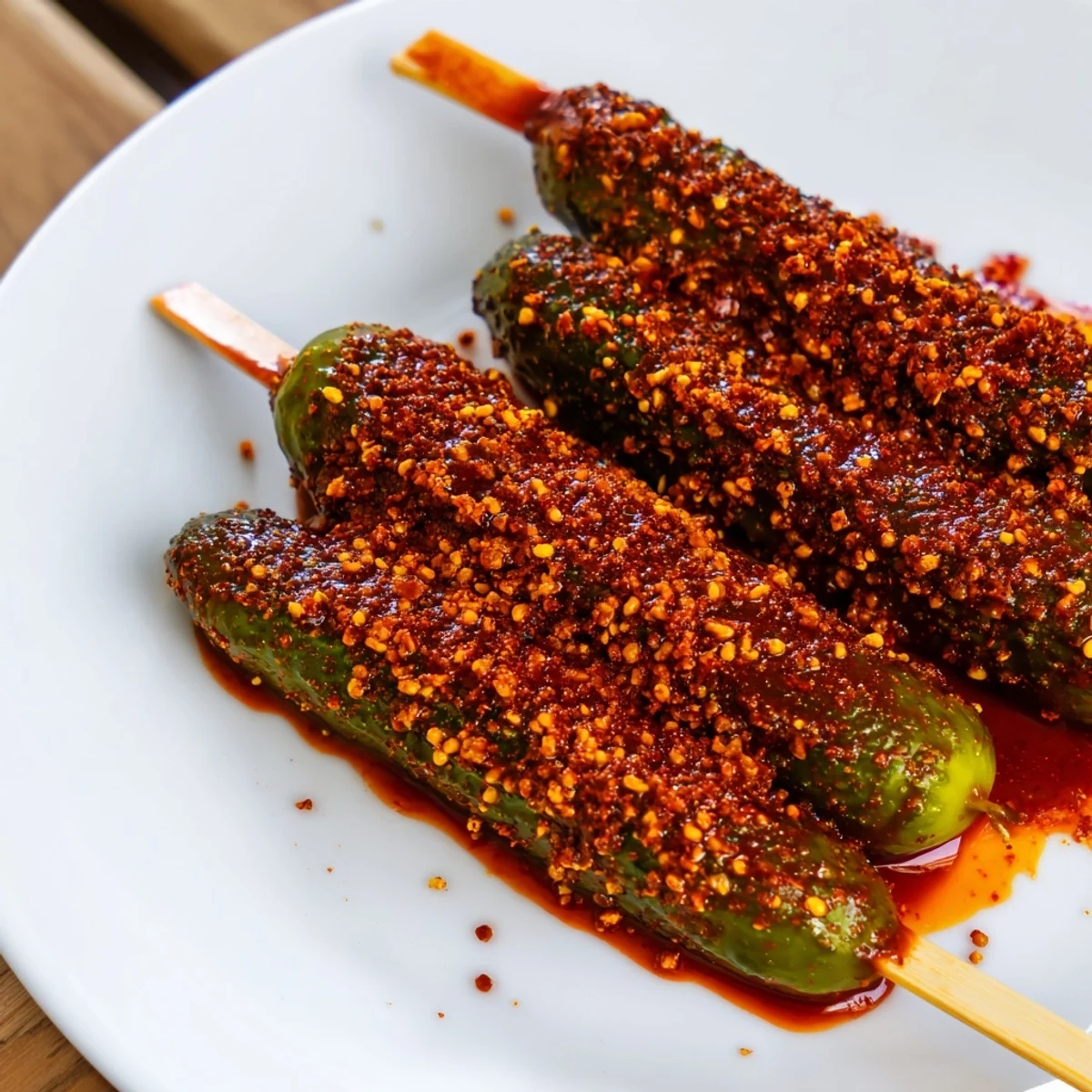 Chamoy-Tajín pickle sticks: vibrant, tangy pickles coated in sweet chamoy & Tajín, perfect street food!