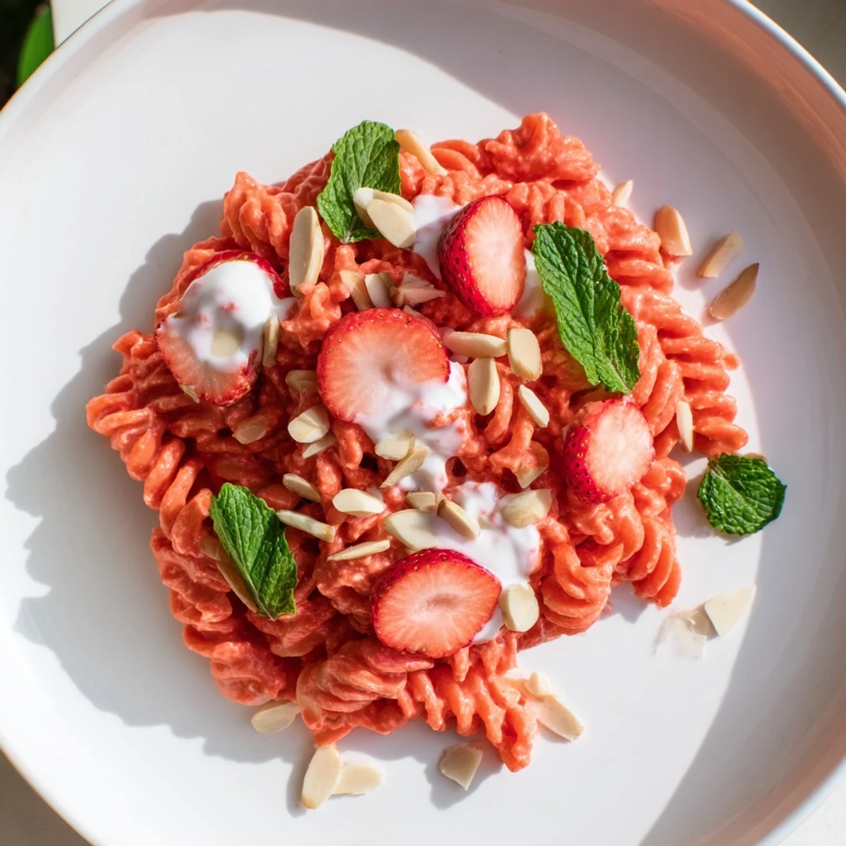 Plate of Sweet Strawberry Yogurt Pasta, bursting with fresh strawberries and creamy yogurt.