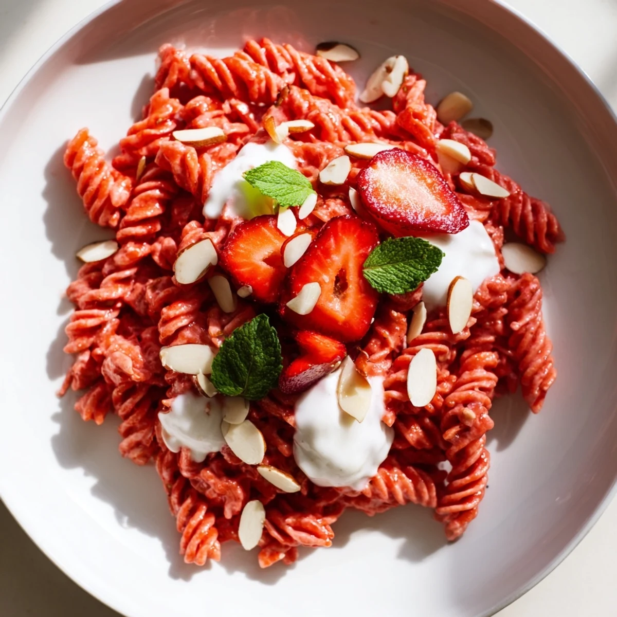 Close-up of vibrant Sweet Strawberry Yogurt Pasta, with almonds and mint, a perfect dessert.