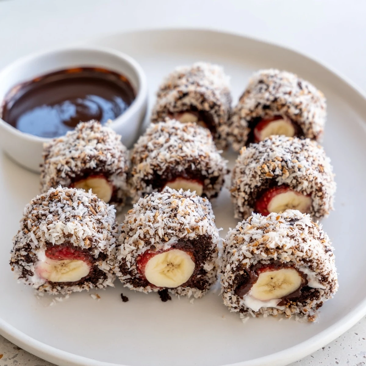 Close-up view of Oreo Cookie Sushi Rolls with chocolate dip, ready to enjoy.