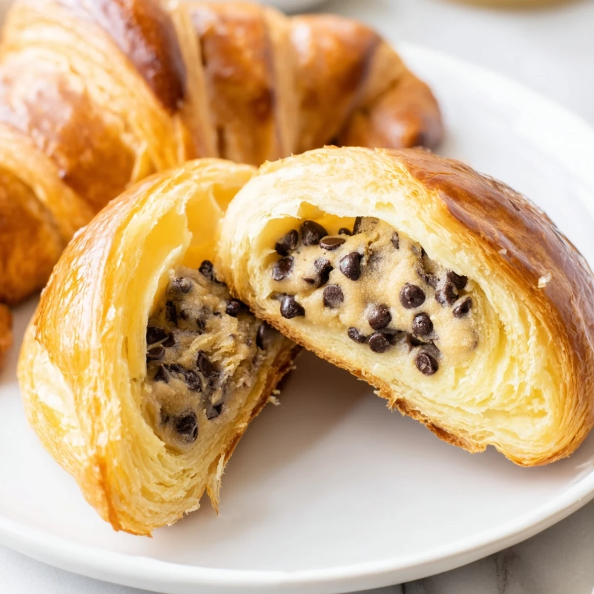 Close-up of baked Chocolate Cookie Croissants, showing their flaky layers and melty chocolate filling.