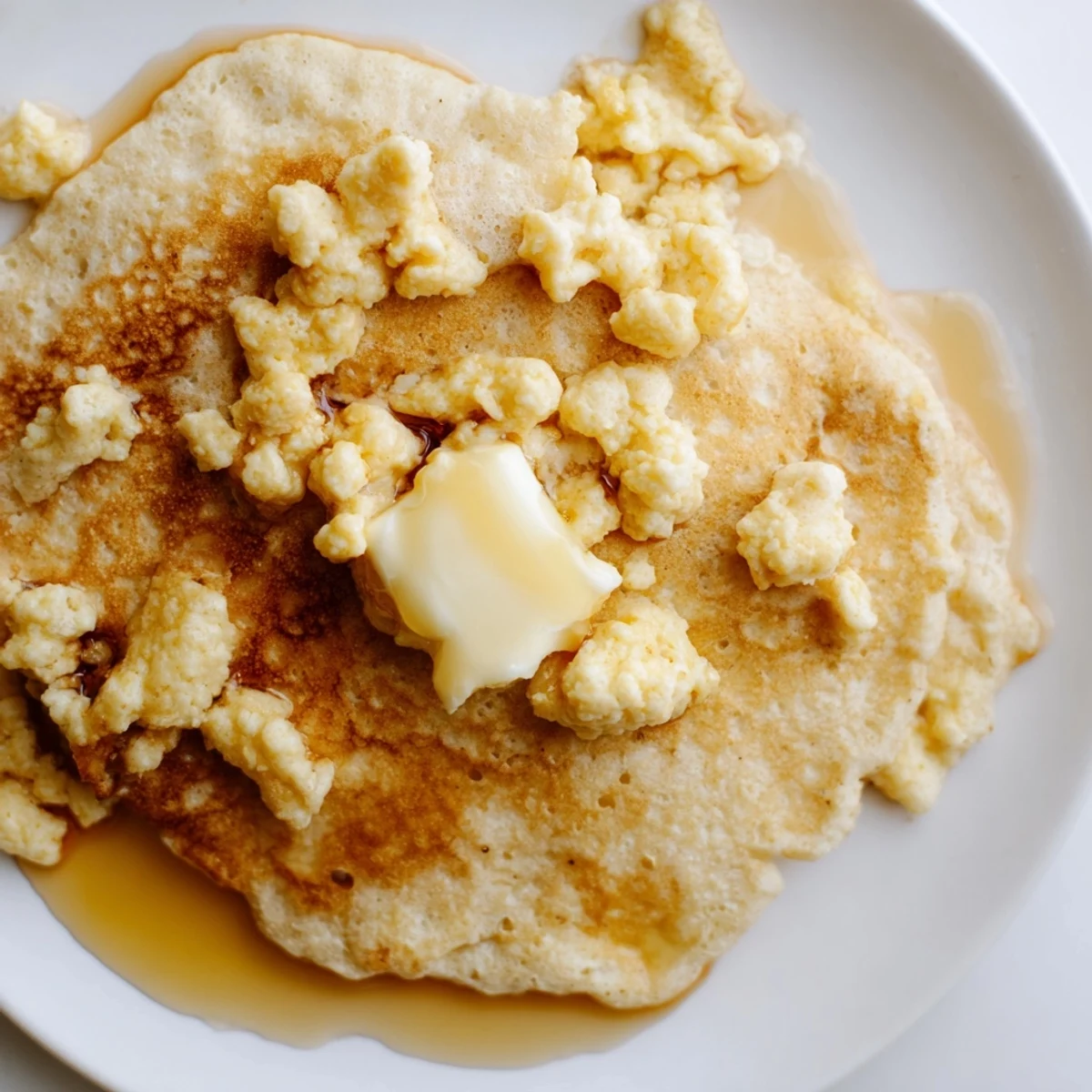 Soft and tender, the appetizing scrambled pancakes feature blueberries, served with maple syrup.