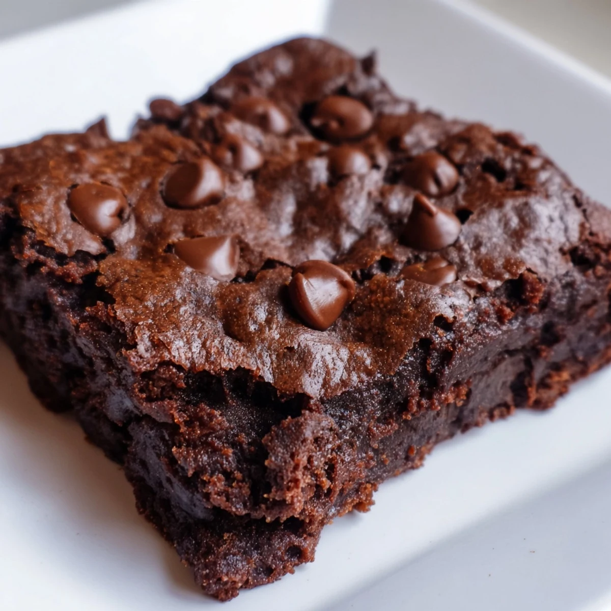 Fudgy Greek yogurt brownies, warm from the oven, with a crackly top and melted chocolate chips.