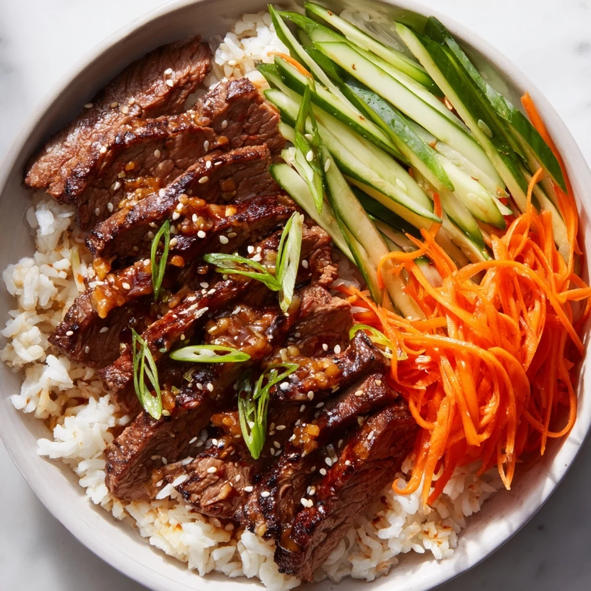 Sizzling Bulgogi Beef Bowl with tender beef, colorful veggies, and fluffy rice, ready to eat.