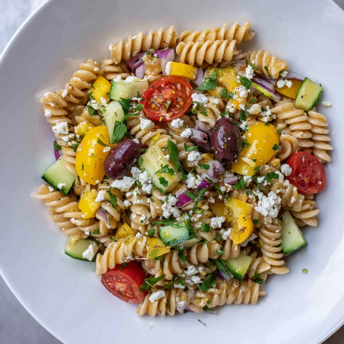Lemon Pasta Salad with bright cherry tomatoes and a vibrant lemon dressing, ready to eat.