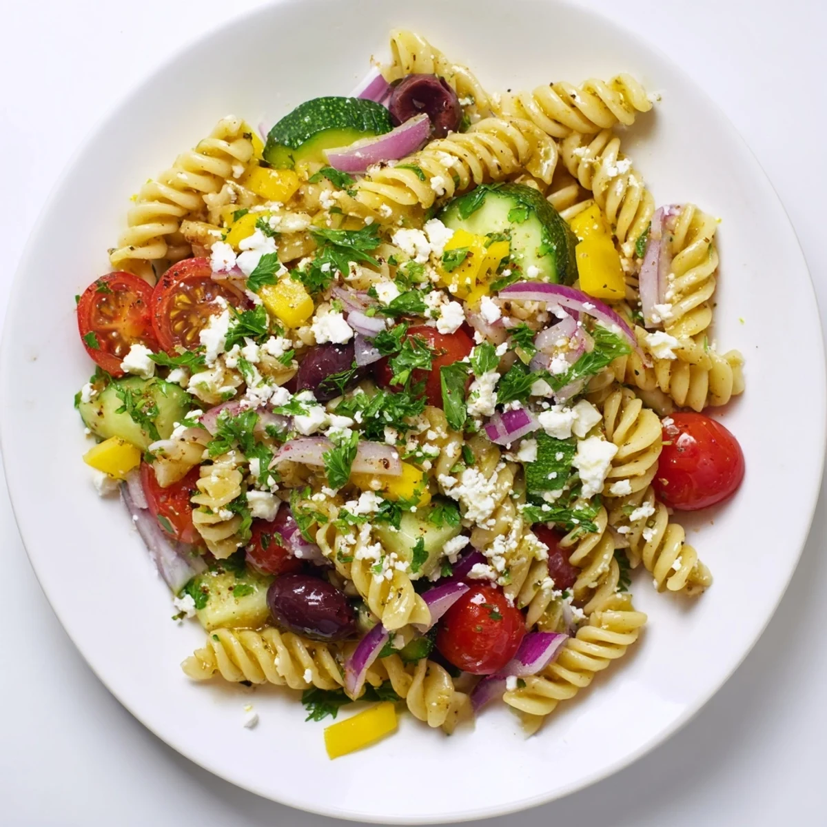 Close-up of freshly made Lemon Pasta Salad with the zest of lemon, perfect for any occasion.