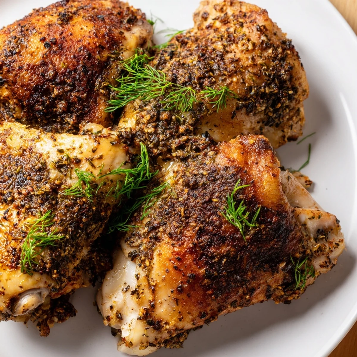Tender pickle ranch chicken, coated in flavorful seasonings, beautifully presented with fresh dill.