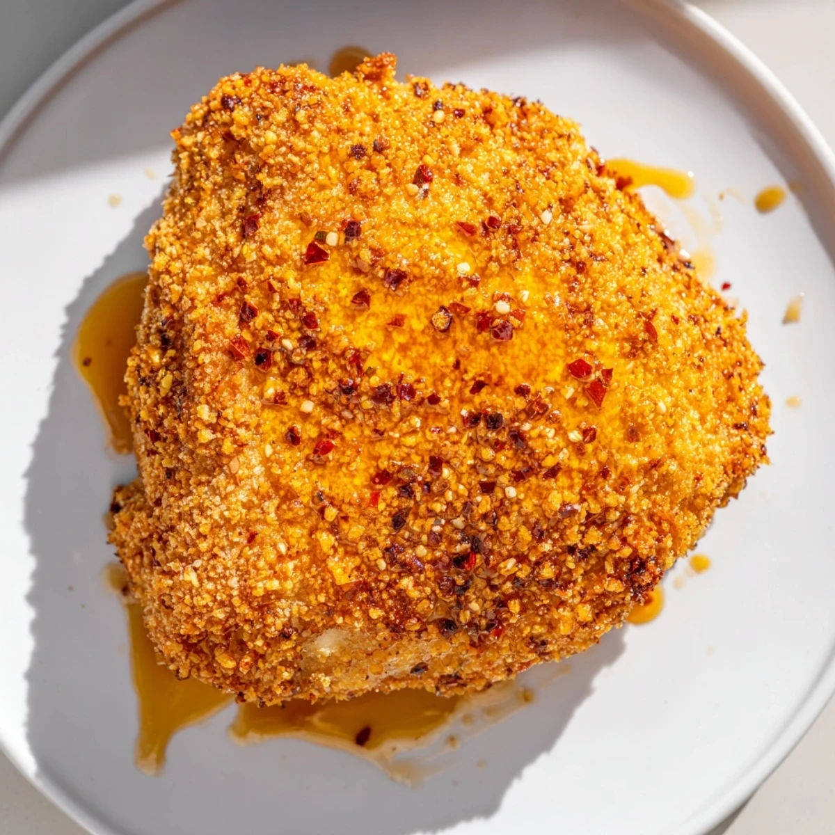 Golden-brown, crispy Hot Honey Crispy Chicken Thighs glistening with a spicy, sweet honey glaze.