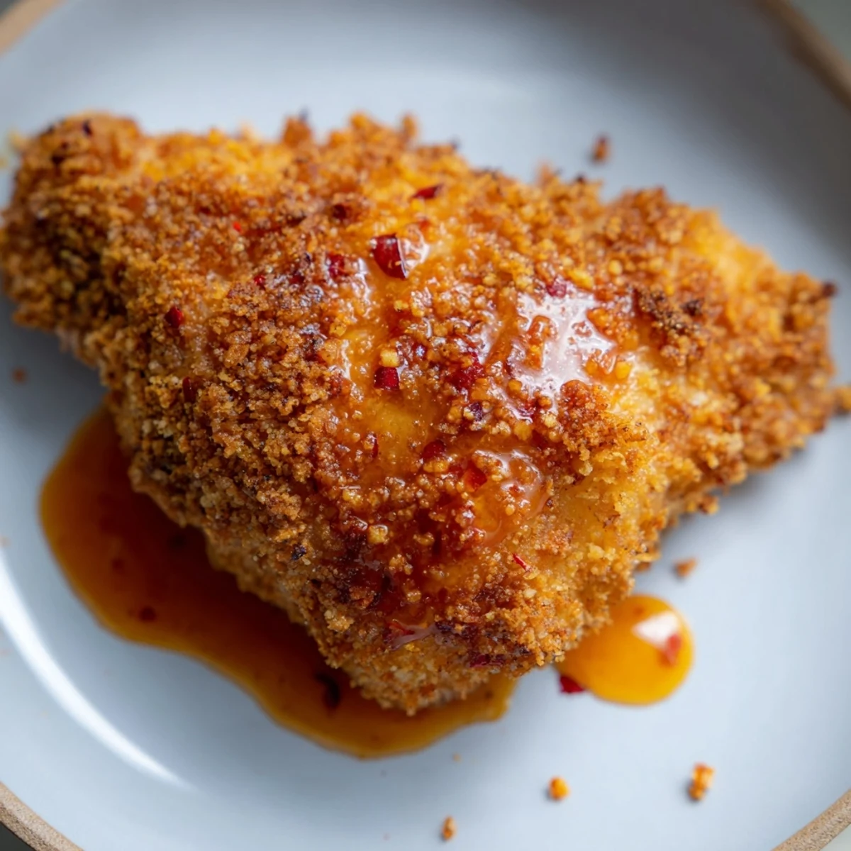 Perfectly fried or air-fried, juicy Hot Honey Crispy Chicken Thighs ready to be drizzled with sweet heat.