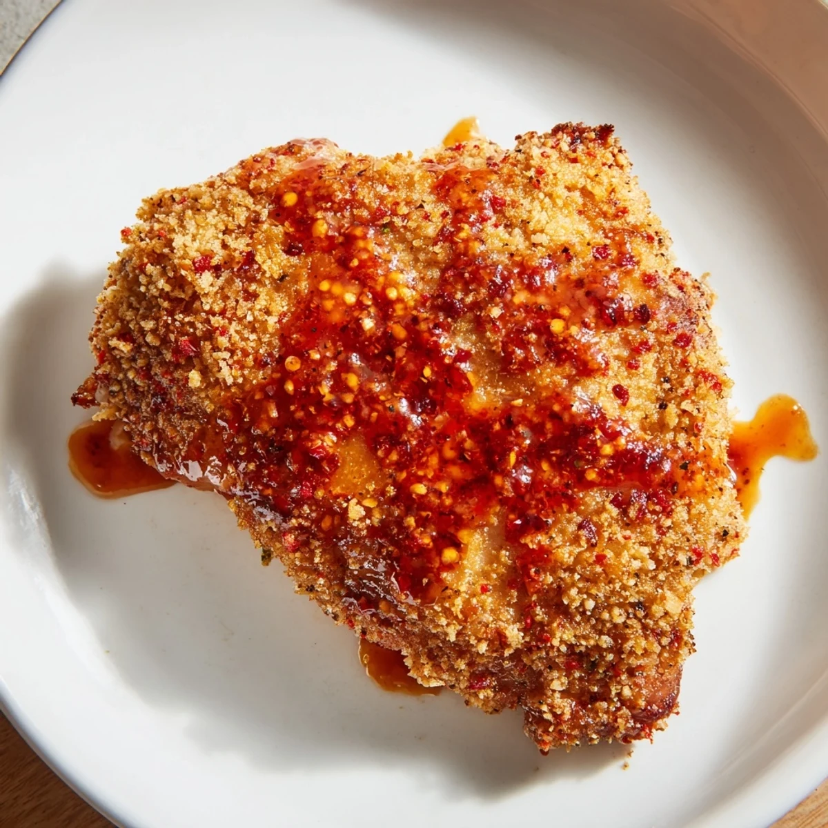 A close-up of beautifully breaded Hot Honey Crispy Chicken Thighs, offering a satisfying crunch and flavor.