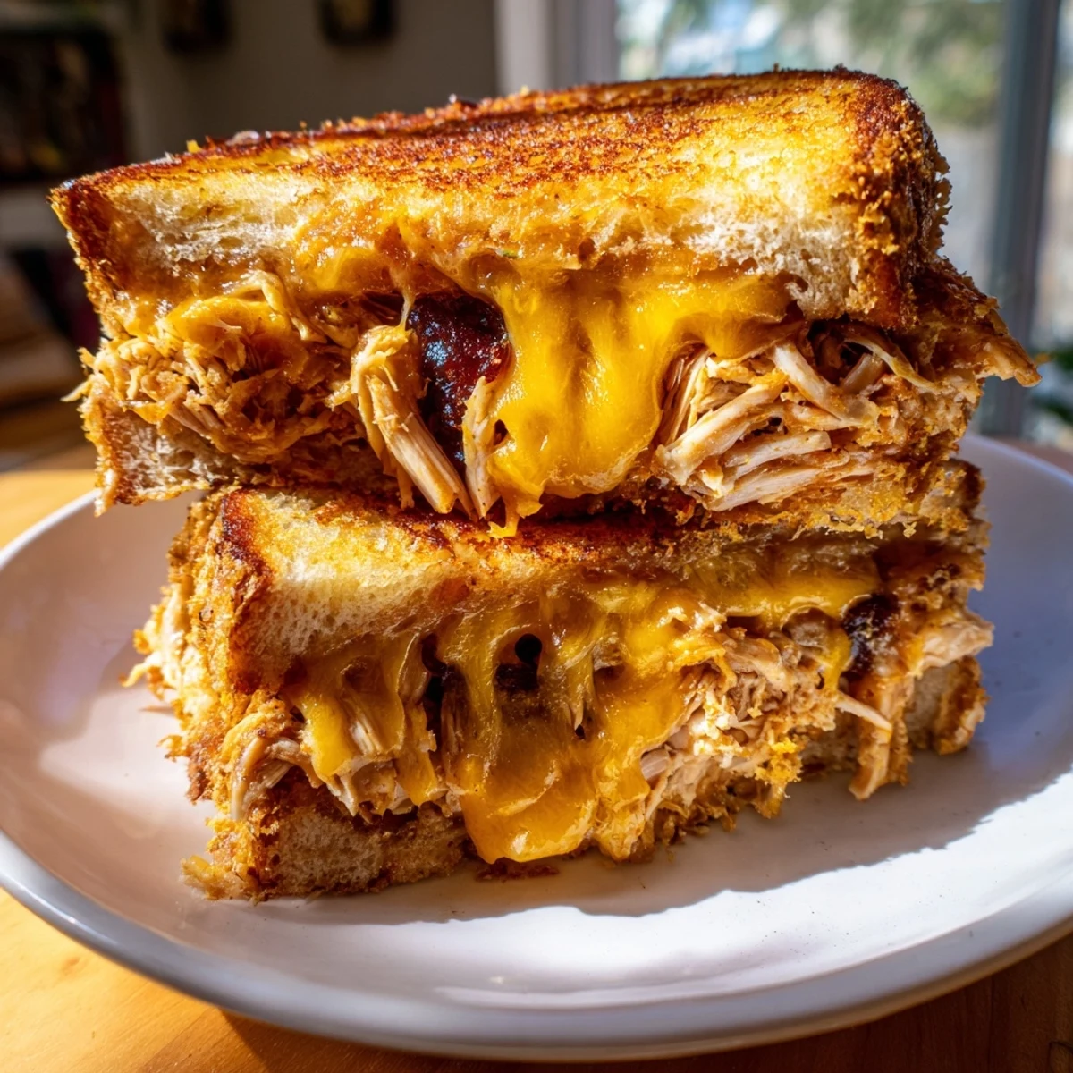 Golden-brown Spicy Crispy Chicken Sandwich Grilled Cheese overflowing with melted pepper jack cheese, ready to enjoy.