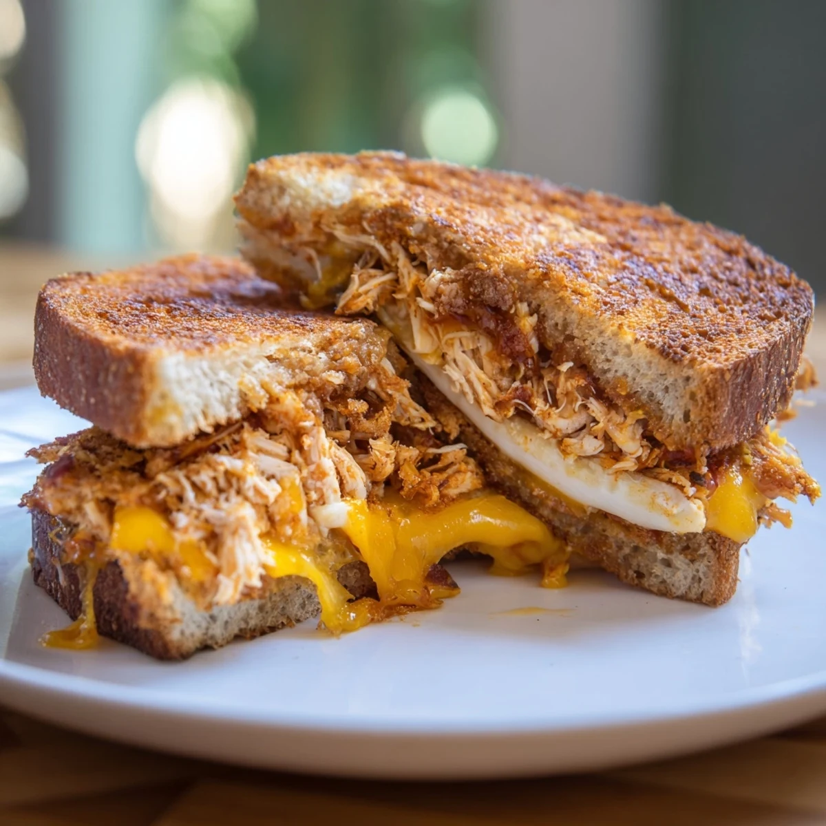 Crispy, golden sourdough showcasing a decadent Spicy Crispy Chicken Sandwich Grilled Cheese oozing melted cheese and savory chicken.