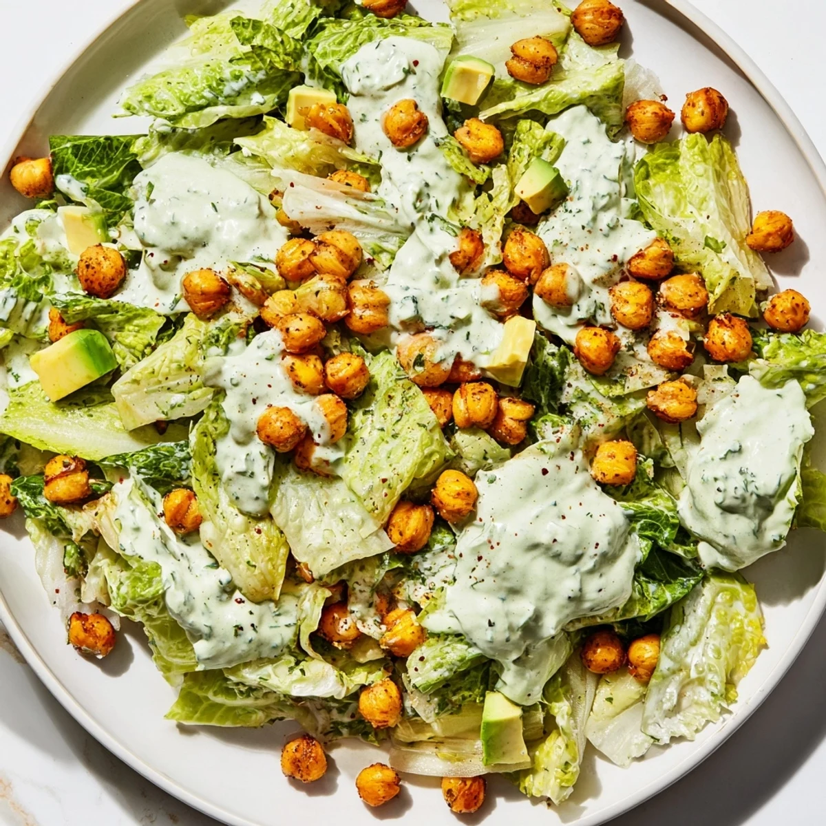 A light and refreshing bowl of Green Goddess Salad, showcasing creamy dressing and crispy chickpeas, perfect for spring.