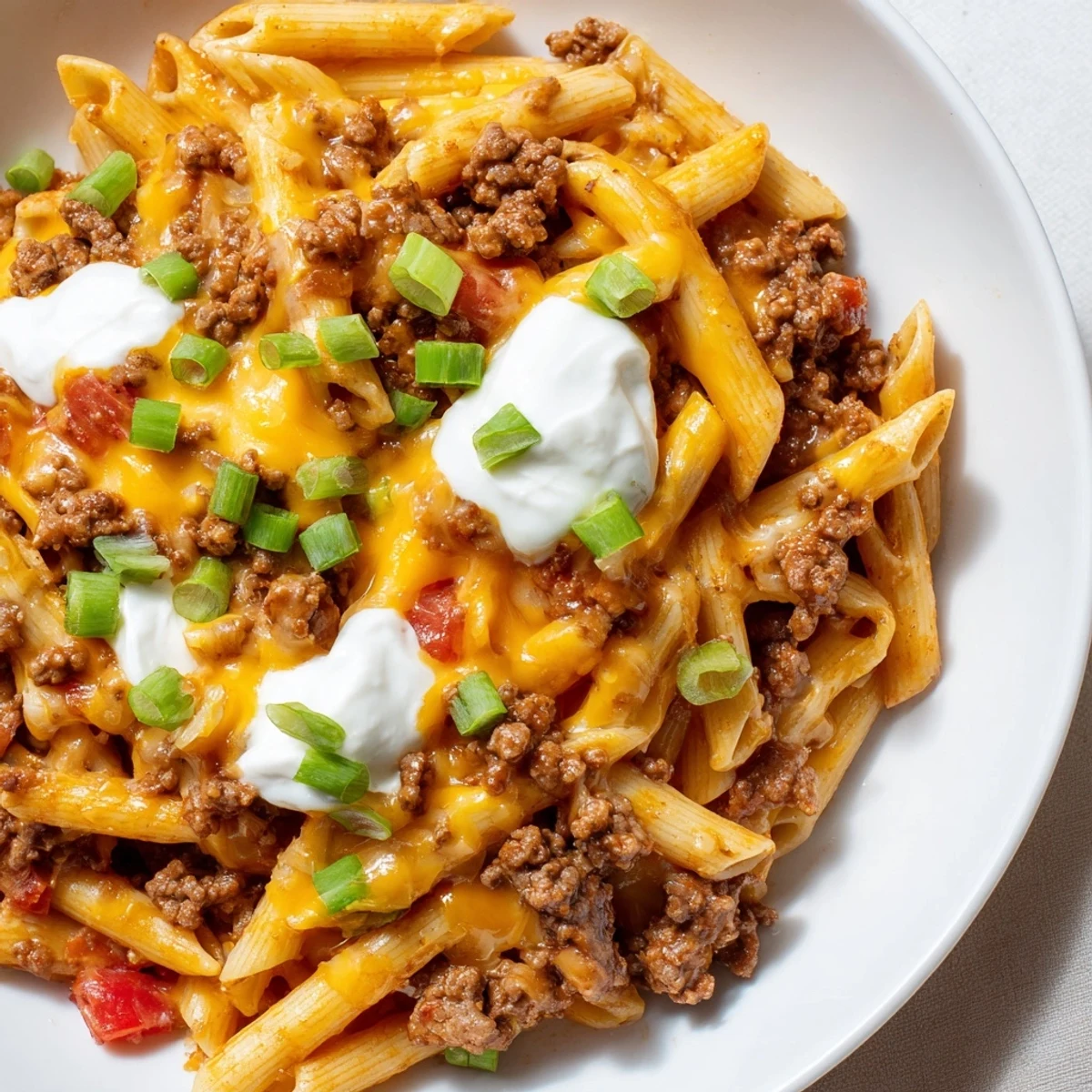 One-Pot Taco Pasta, a bubbling skillet of cheesy pasta and ground beef; perfect family dinner.