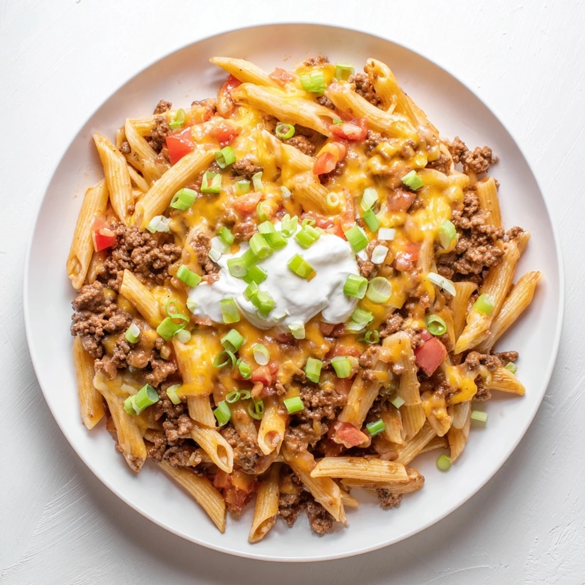 Golden, melted cheddar tops this One-Pot Taco Pasta, a quick and easy Tex-Mex meal.