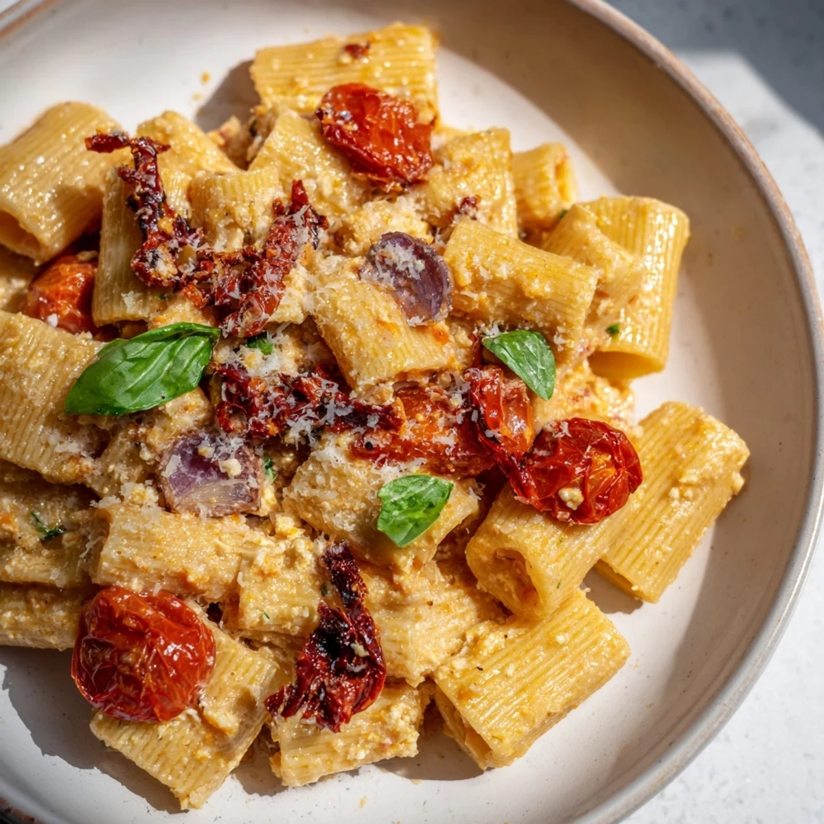 Golden-baked feta pasta with sun-dried tomatoes, a creamy pasta dish ready to be enjoyed.