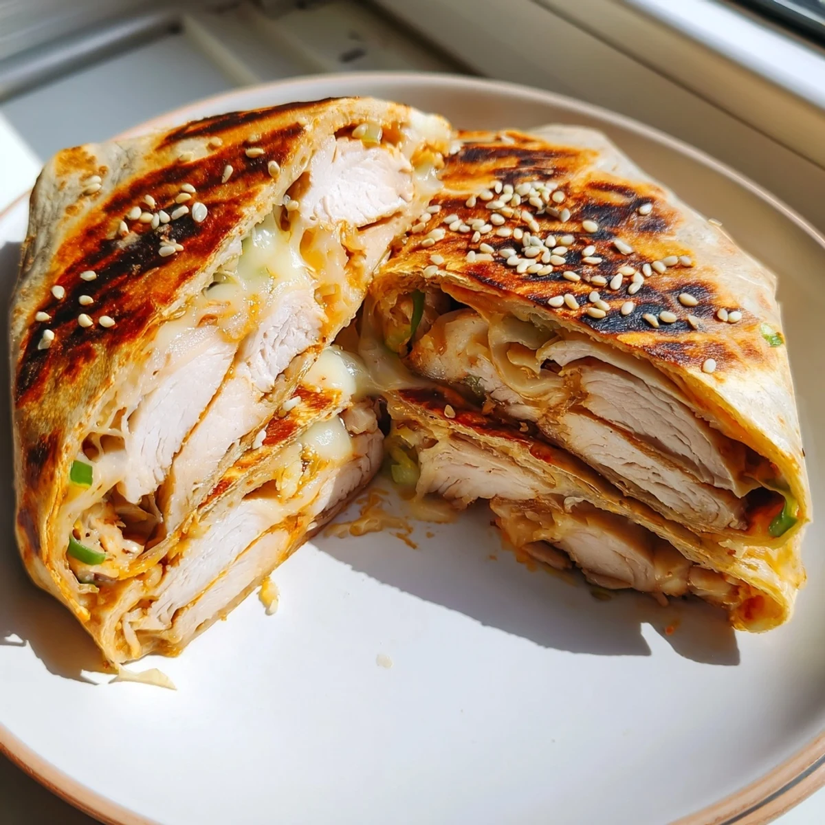 Golden-brown Korean BBQ Chicken Wrap Grilled Cheese, oozing with melted cheese and savory chicken.