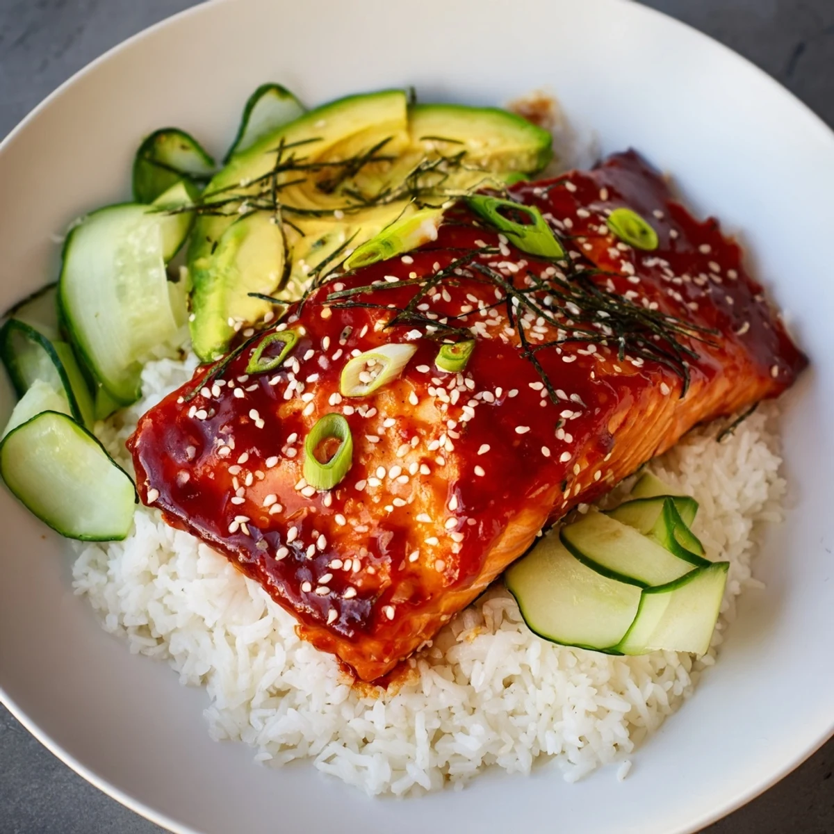 This vibrant Emily Mariko-Inspired Sticky Orange Gochujang Salmon Bowl combines tender salmon with perfectly seasoned rice.