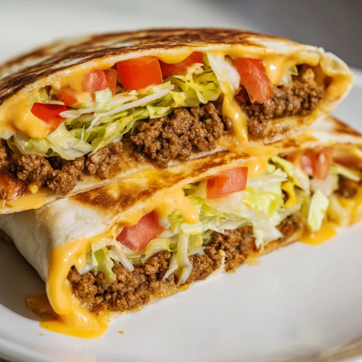 Golden, crispy Taco Bell Crunchwrap Supreme, oozing nacho cheese and filled with savory beef.