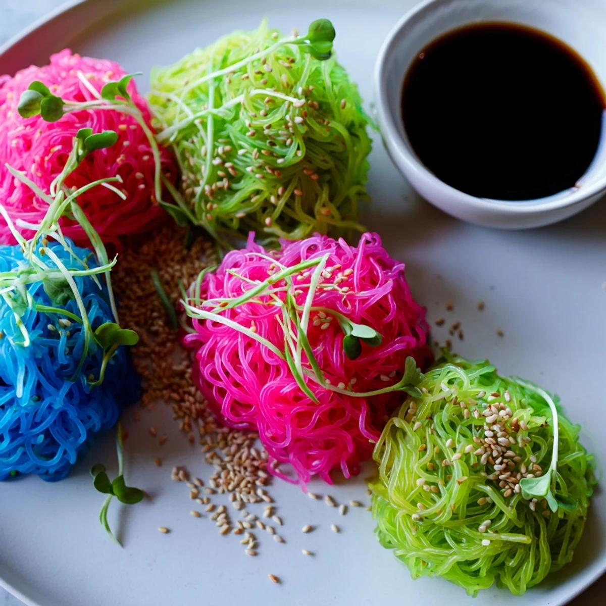 Vibrant neon noodle clouds served chilled, a visually stunning vegan appetizer with soy dipping sauce.