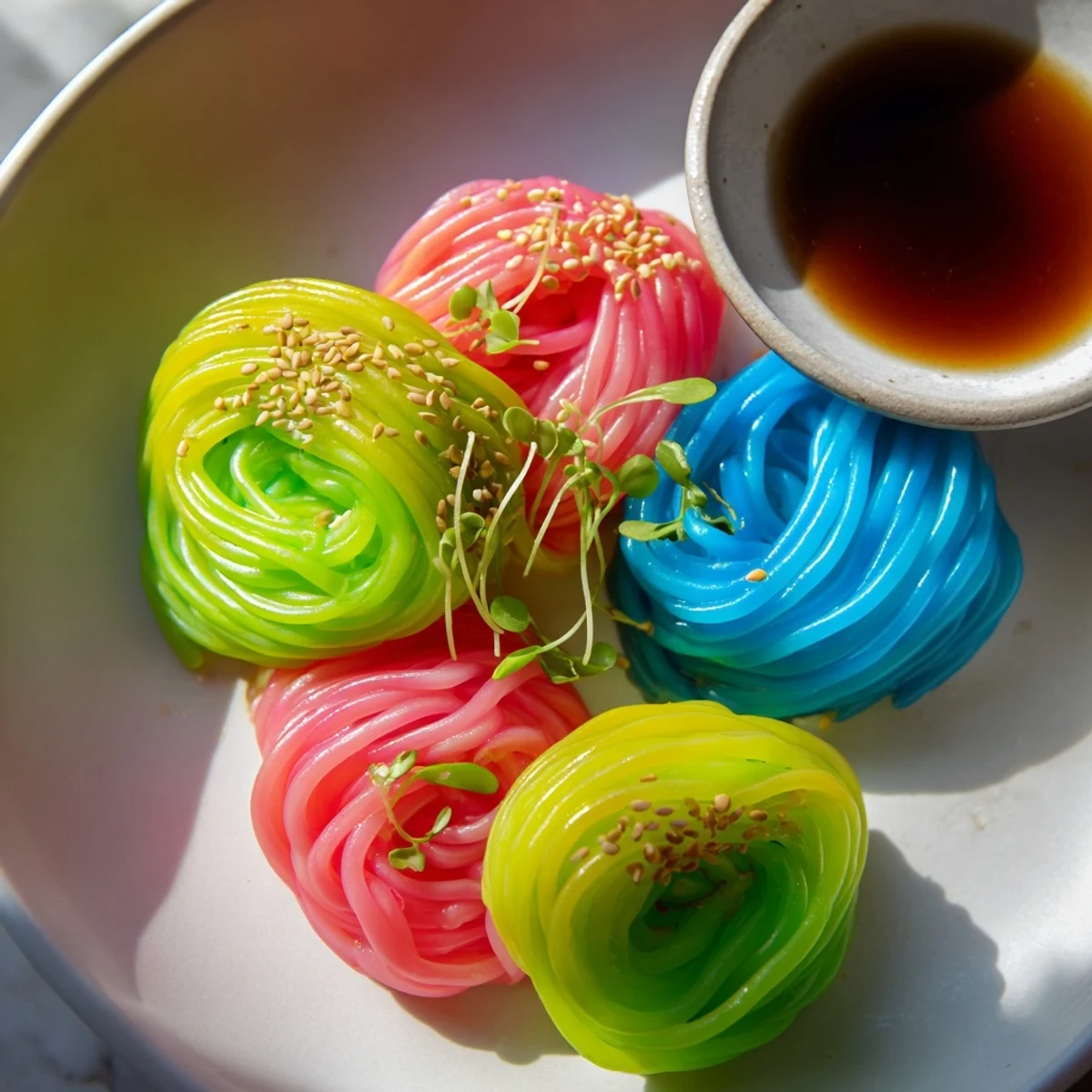 Imagine colorful, translucent neon noodle clouds, ready to dip in savory sauce, a fusion appetizer.