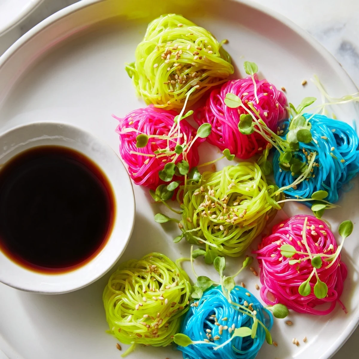 Enjoy a bowl of refreshing neon noodle clouds, a delightful vegan dish with bouncy, colorful noodles.
