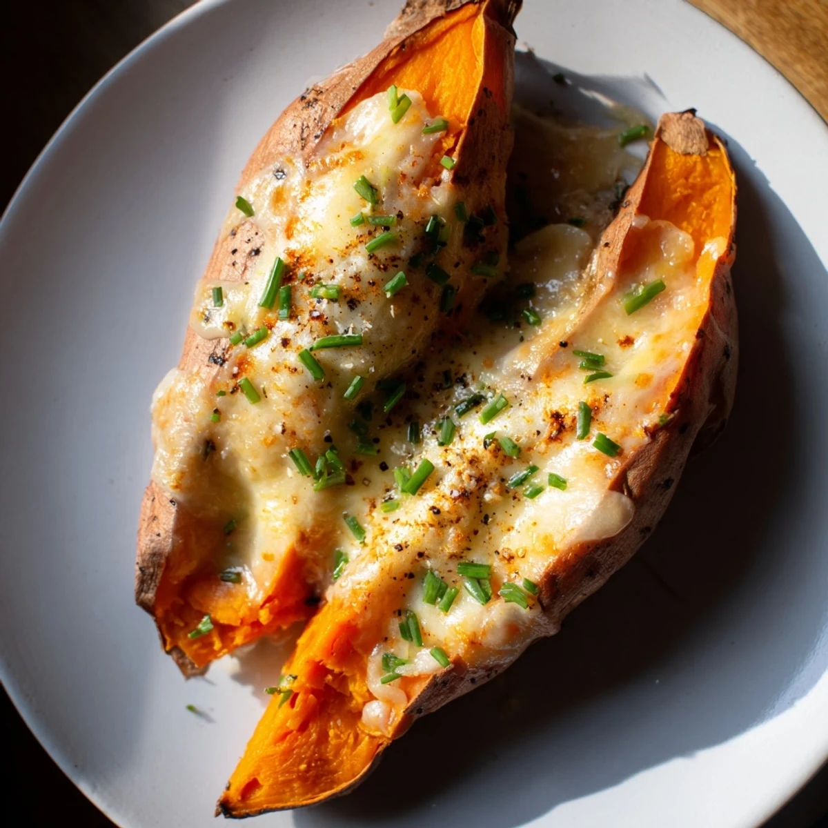 Golden, bubbly Sweet Potato & Cheese Whole Roast, a savory vegetarian main dish perfectly served.
