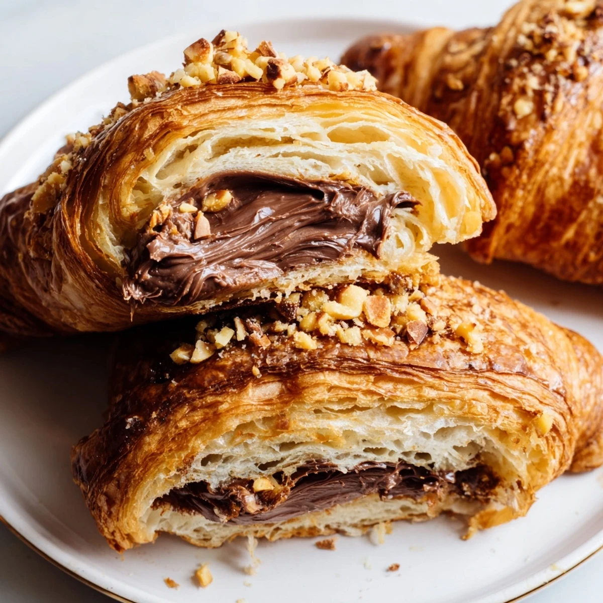Golden, air-fried 3-Ingredient Nutella Croissants, oozing with warm, melted hazelnut chocolate for dessert.